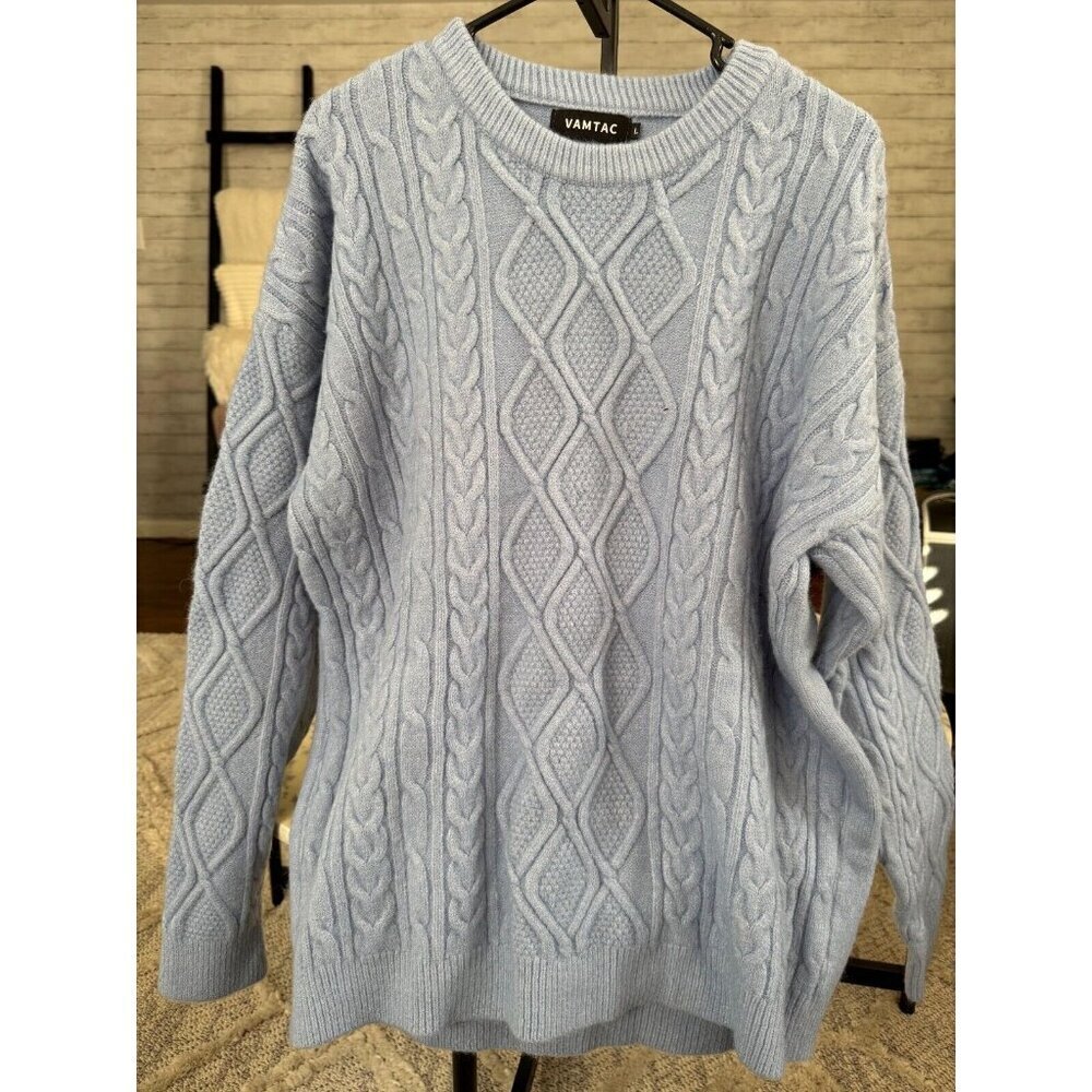Vamtac Light Blue Oversized Long Sleeve Cable Knit Pullover Sweater Women Size L